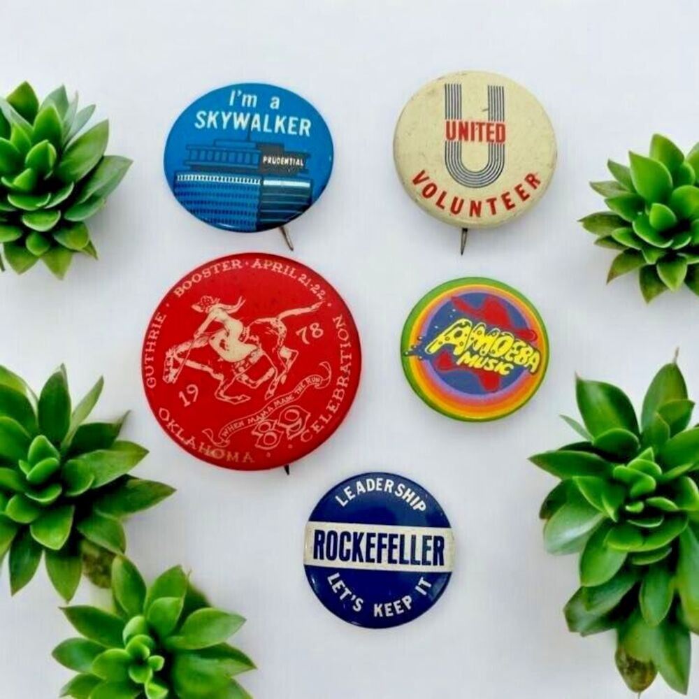 Lot of Vintage Antique Pins Rockefeller Skywalker United Amoeba Music Guthrie